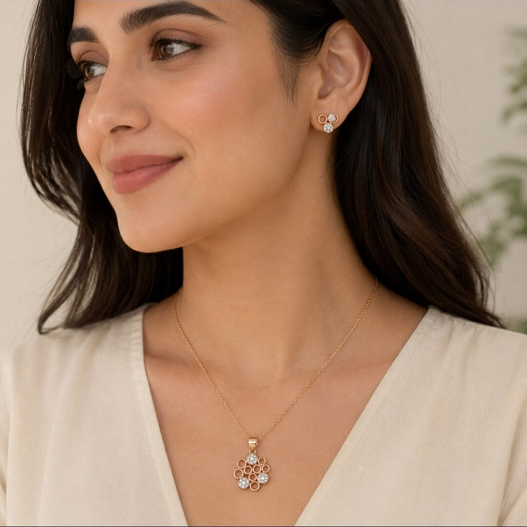 Rose Gold Floral CZ Pendant Necklace Set | Sparkle Style