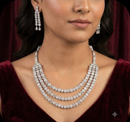 Luxury Triple Layer AD Necklace Set with Statement Earrings | Rhodium Plated Party Wear Jewelry for Women