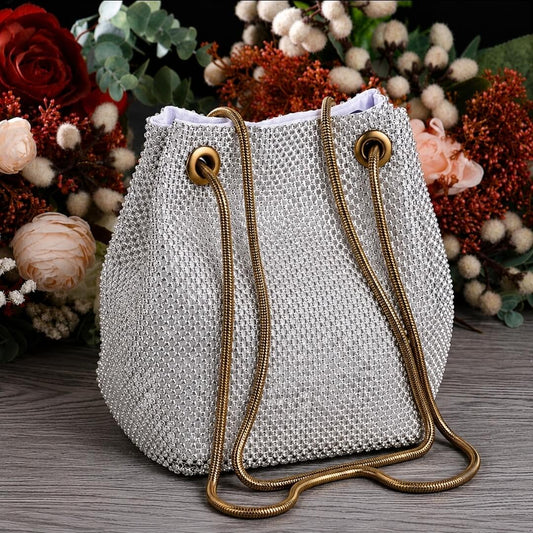 Silver Crystal Potli Bag for Women | Rhinestone Party Sling Bag with Chain Strap