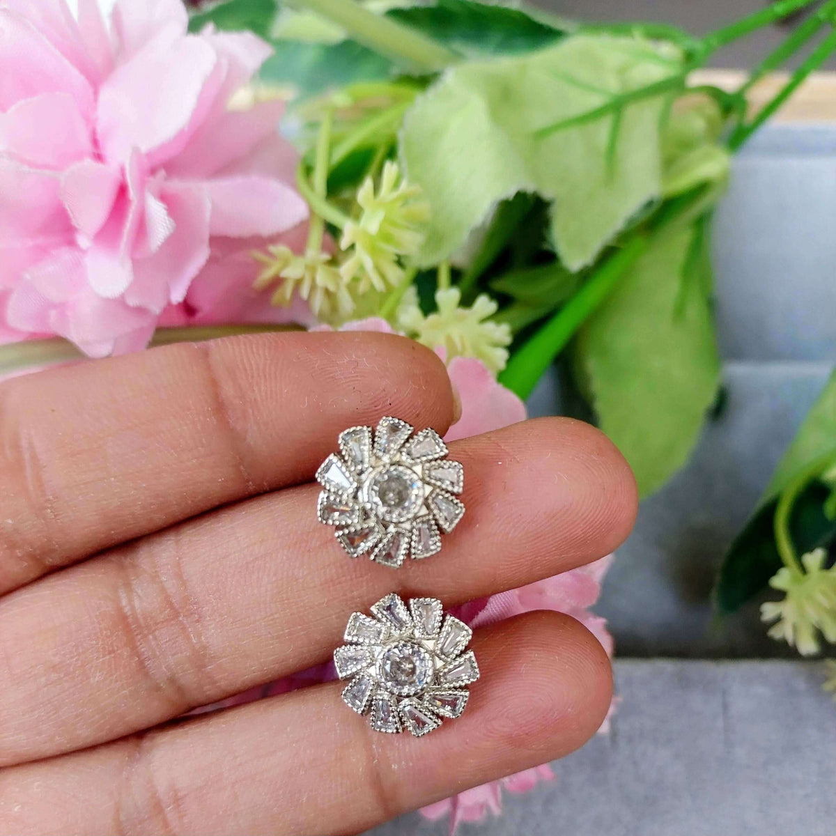 Silver Floral Crystal Stud Earrings | Sparkling CZ Earrings