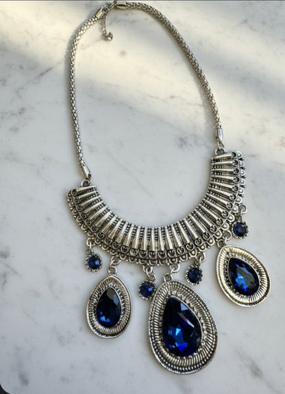 Oxidised Necklace with Blue Teardrop Charms
