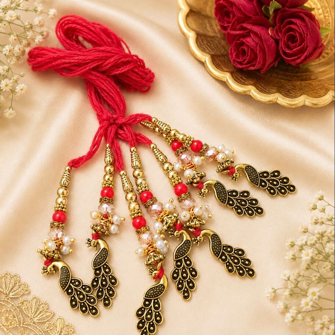 Designer Peacock Lumba Rakhi for Bhabhi | Pearl & Beaded Tassel Lumba Rakhi (1pc)