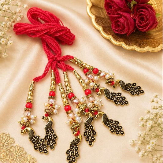 Designer Peacock Lumba Rakhi for Bhabhi | Pearl & Beaded Tassel Lumba Rakhi (1pc)