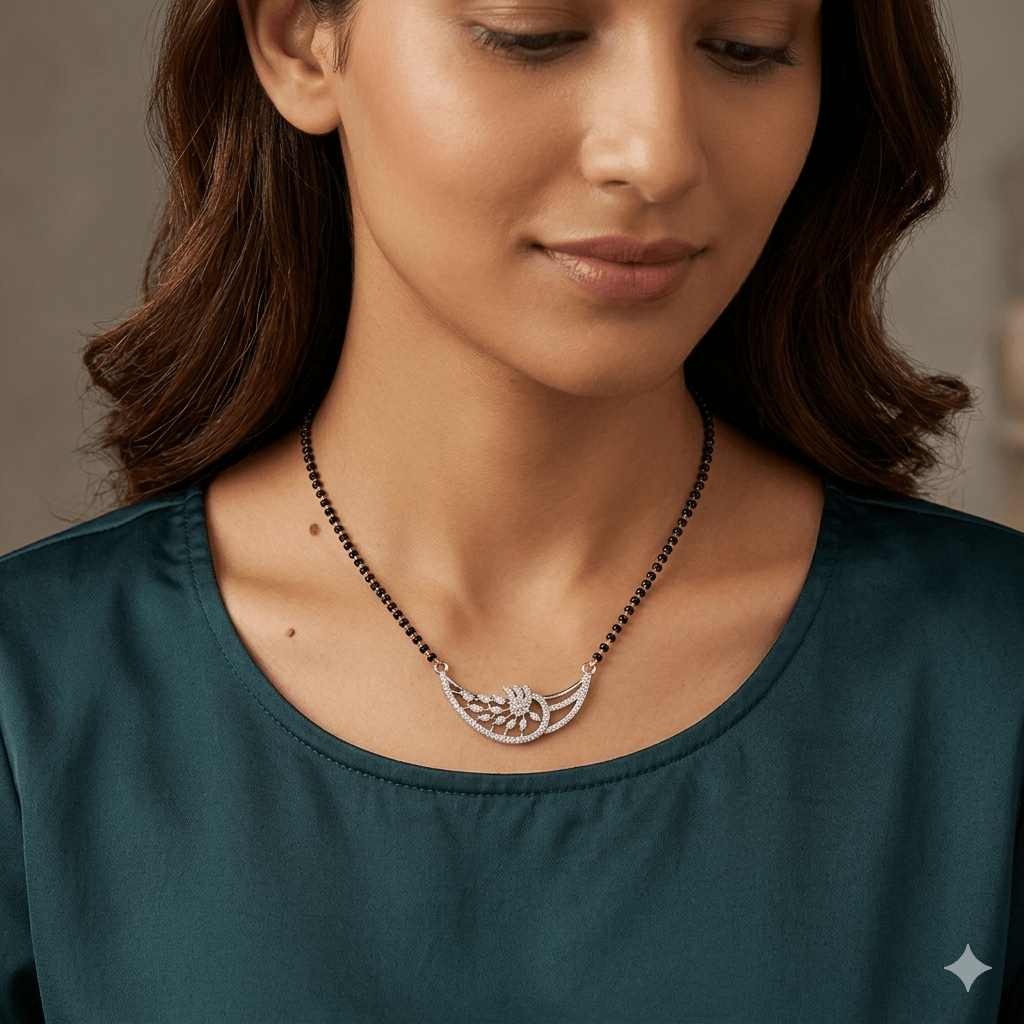 Designer Mangalsutra with Stone Studded Curve Pendant | Black Beaded Elegant Daily Wear Mangalsutra for Women
