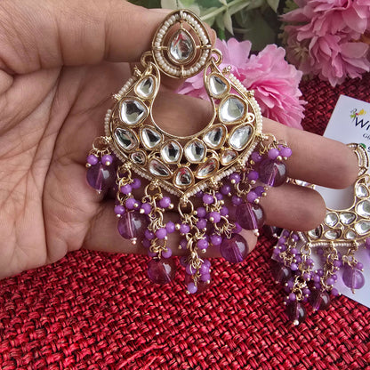 Kundan Chandbali Earrings with Pearl & Beaded Drops | Purple & Teal