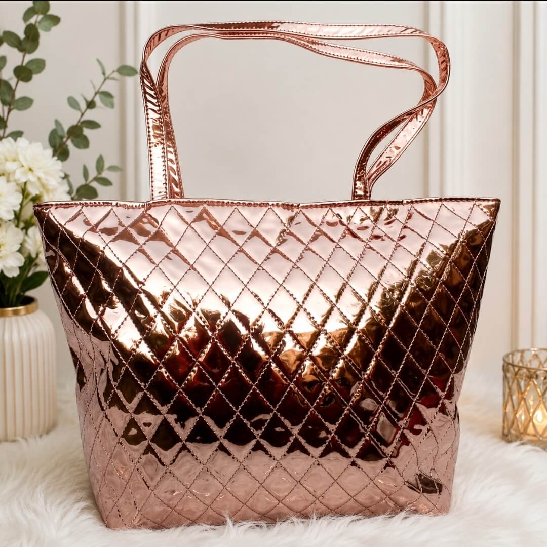 Metallic Quilted Tote Bag for Women | Women's Glossy Shoulder Handbag