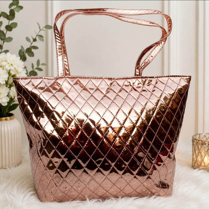 Metallic Quilted Tote Bag for Women | Women's Glossy Shoulder Handbag