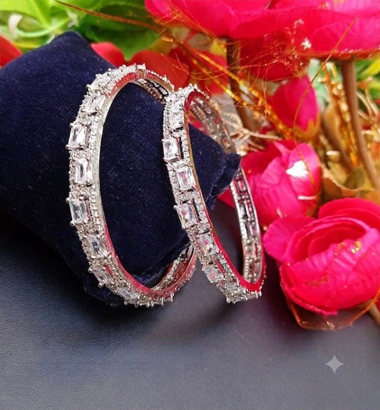 Silver-Tone AD Stone Bangles for Women | Baguette Cut Cubic Zirconia Designer Bangles | Bridal, Party & Wedding Wear