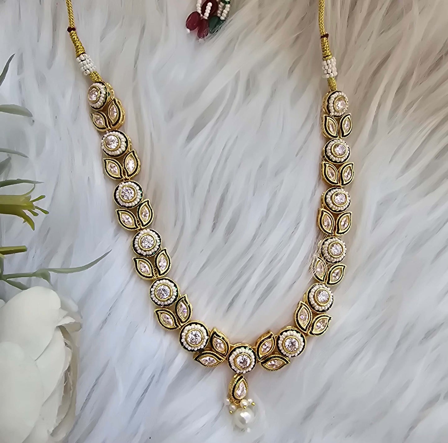 Premium Moissanite Kundan Necklace Set with Pearl Drops & Matching Earrings | Wedding Jewelry for Women