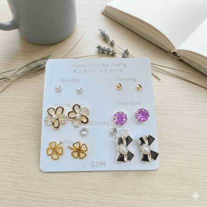 7 Days Stud Earrings Set for Women & Girls – Pearl, Crystal, Heart & Bow Daily Wear Earrings Combo
