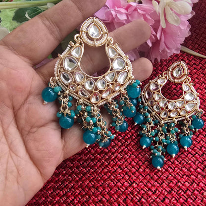 Kundan Chandbali Earrings with Pearl & Beaded Drops | Purple & Teal