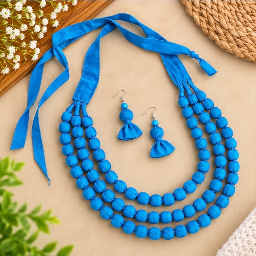 Handmade Fabric Bead Necklace Set with Matching Earrings