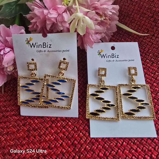 Enamel Geometric Square Drop Earrings | Gold Finish