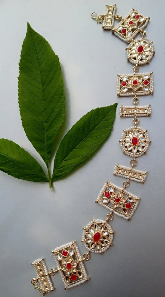 Red and White Mathapatti with pearl work