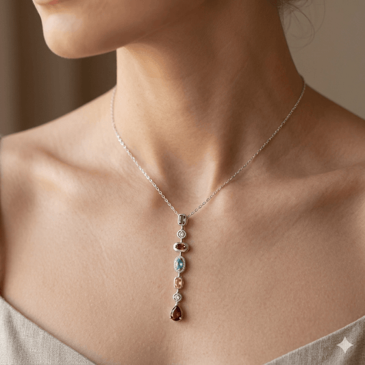 Elegant Multicolor Stone Drop Pendant Necklace | Silver Finish | Party & Everyday Wear