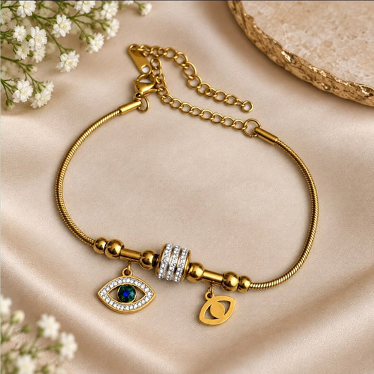 Gold Evil Eye Bracelet with Green Stone & CZ Charm | Anti-Tarnish