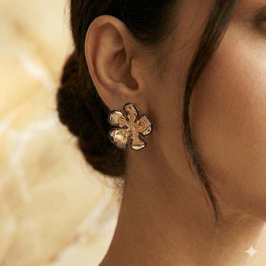 Golden Floral Statement Earrings with Black Enamel | Designer Party Wear Earrings for Women
