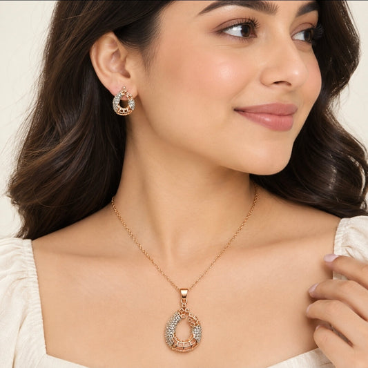 Rose Gold Crystal Pendant Necklace & Earrings Set