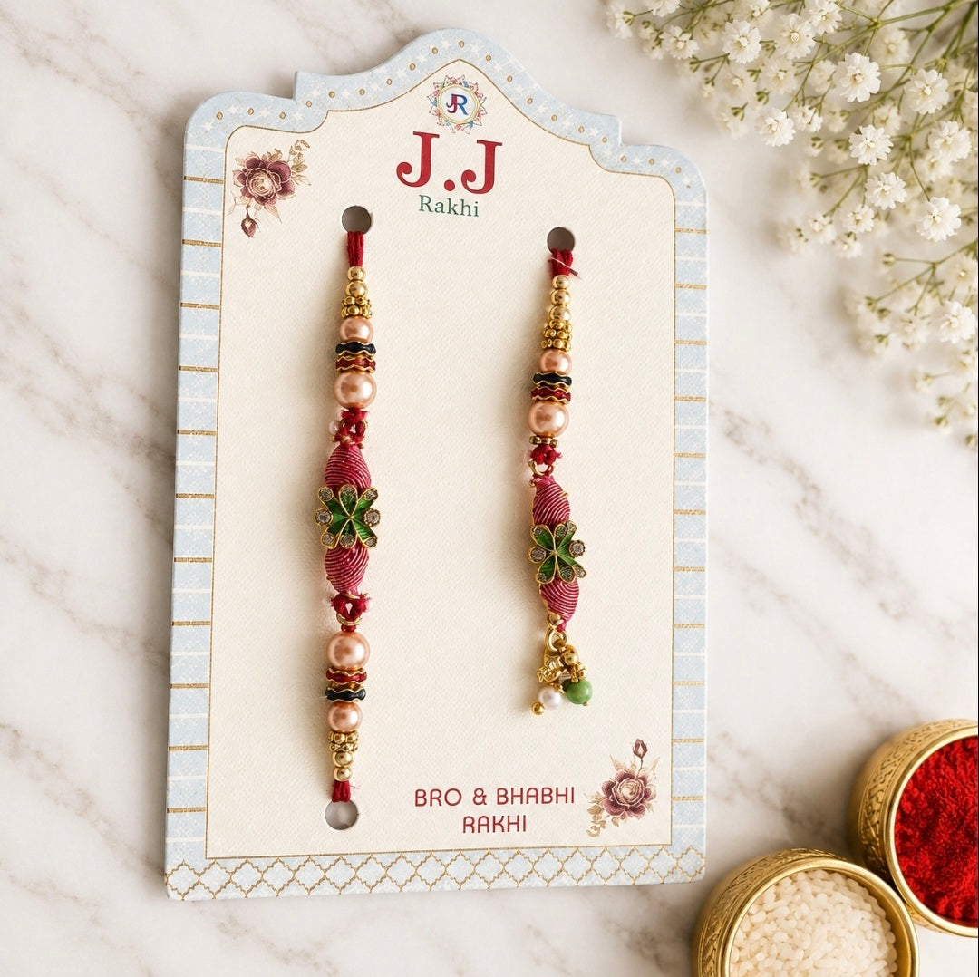 Bhai Bhabhi Rakhi Lumba Set – Pearl & Green Stone Rakhi Pair
