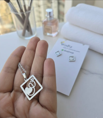 Stainless Steel Square Pendant Necklace & Heart Stud Earrings Set for Girls – Daily Wear Jewellery