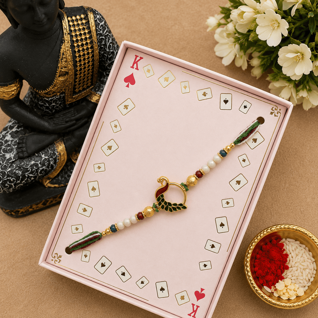 Peacock Designer Rakhi for Brother | Pearl & Beaded Rakhi with Multicolor Thread | Premium Raksha Bandhan Rakhi with Roli Chawal