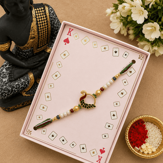 Peacock Designer Rakhi for Brother | Pearl & Beaded Rakhi with Multicolor Thread | Premium Raksha Bandhan Rakhi with Roli Chawal