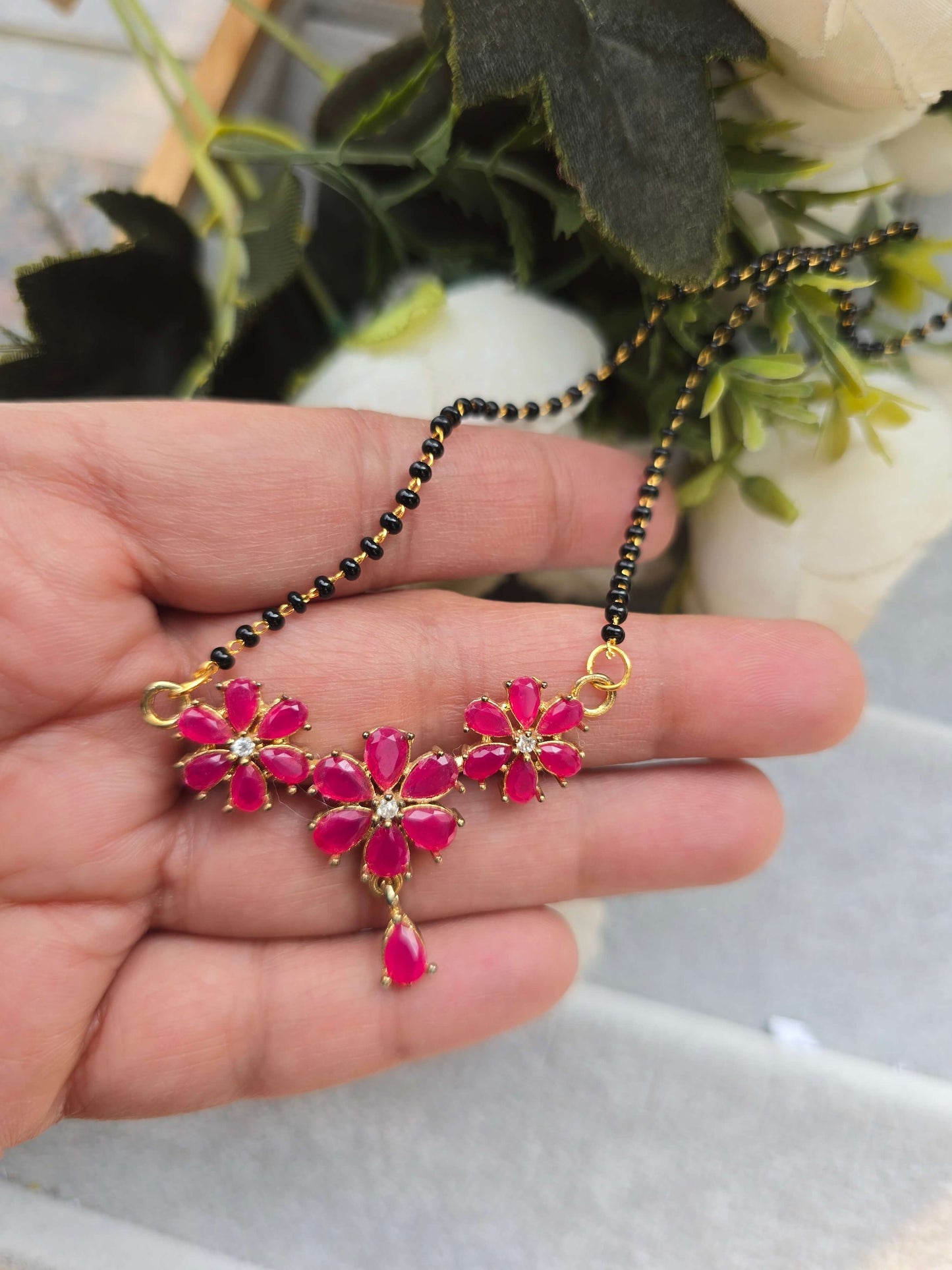 Mangalsutra Set with Ruby Flower Design