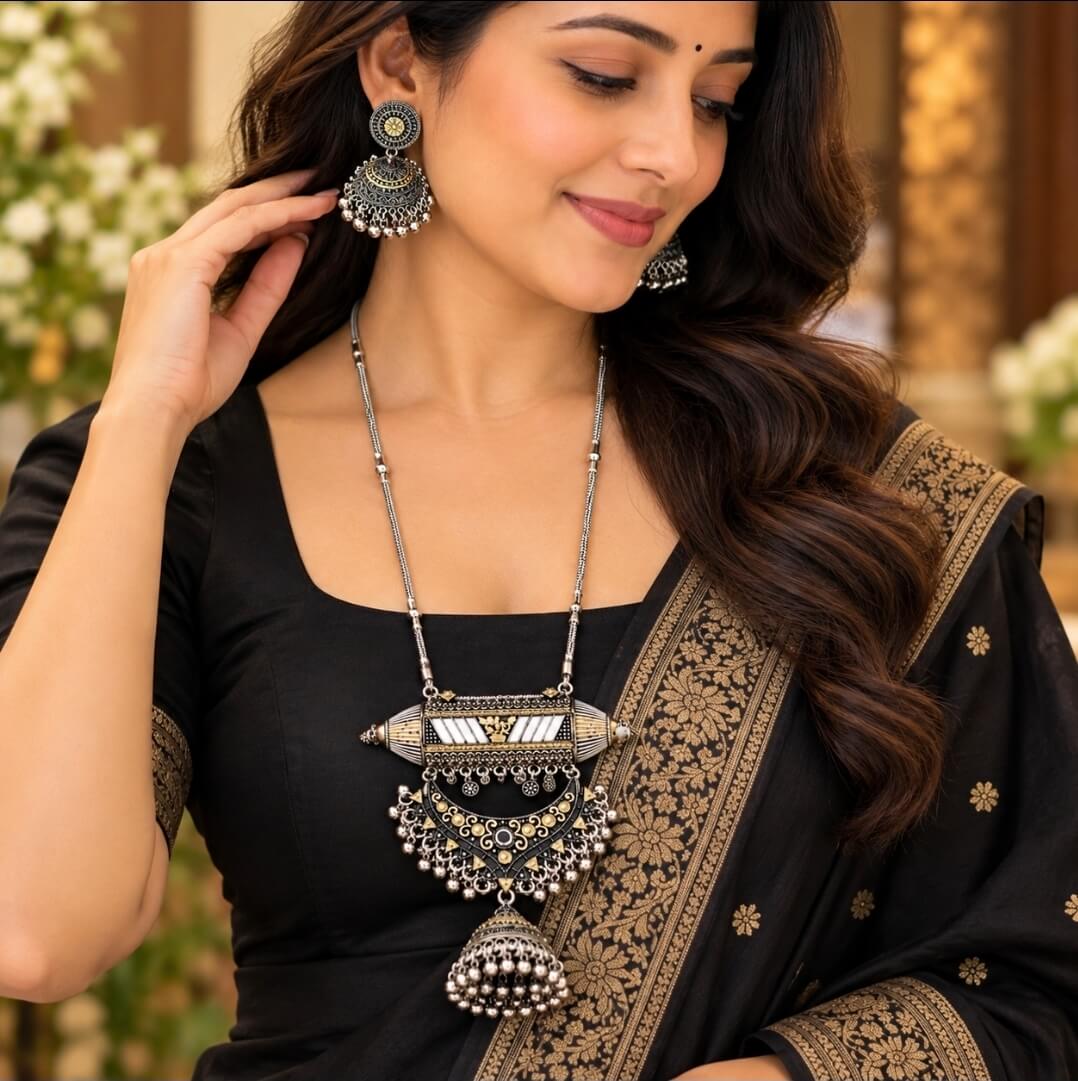Dual Tone Lightweight Brass Necklace Set with Earrings | Tribal Jewellery
