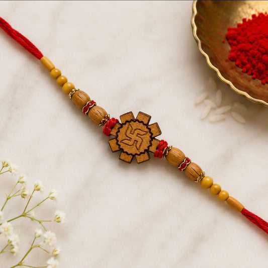 Chandan Swastik Rakhi with Sandalwood Beads | Premium Wooden Rakhi for Brother