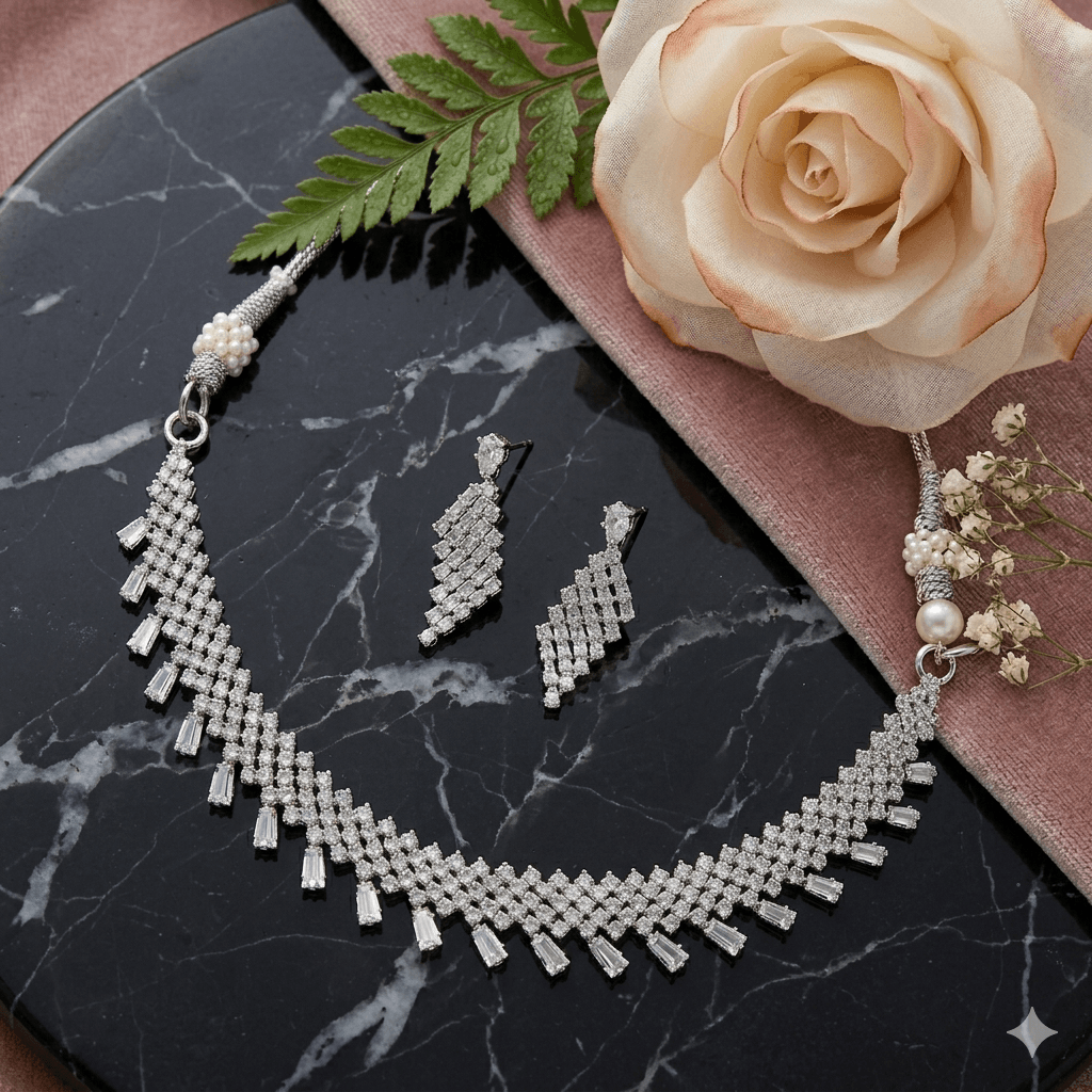Silver Polish AD Stone Necklace Set with Baguette Drops & Statement Dangler Earrings