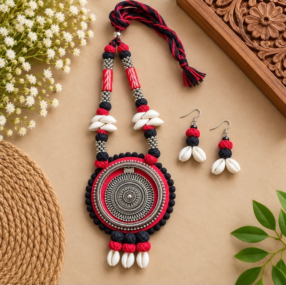 Handmade Tribal Oxidised Silver Necklace Set with Earrings