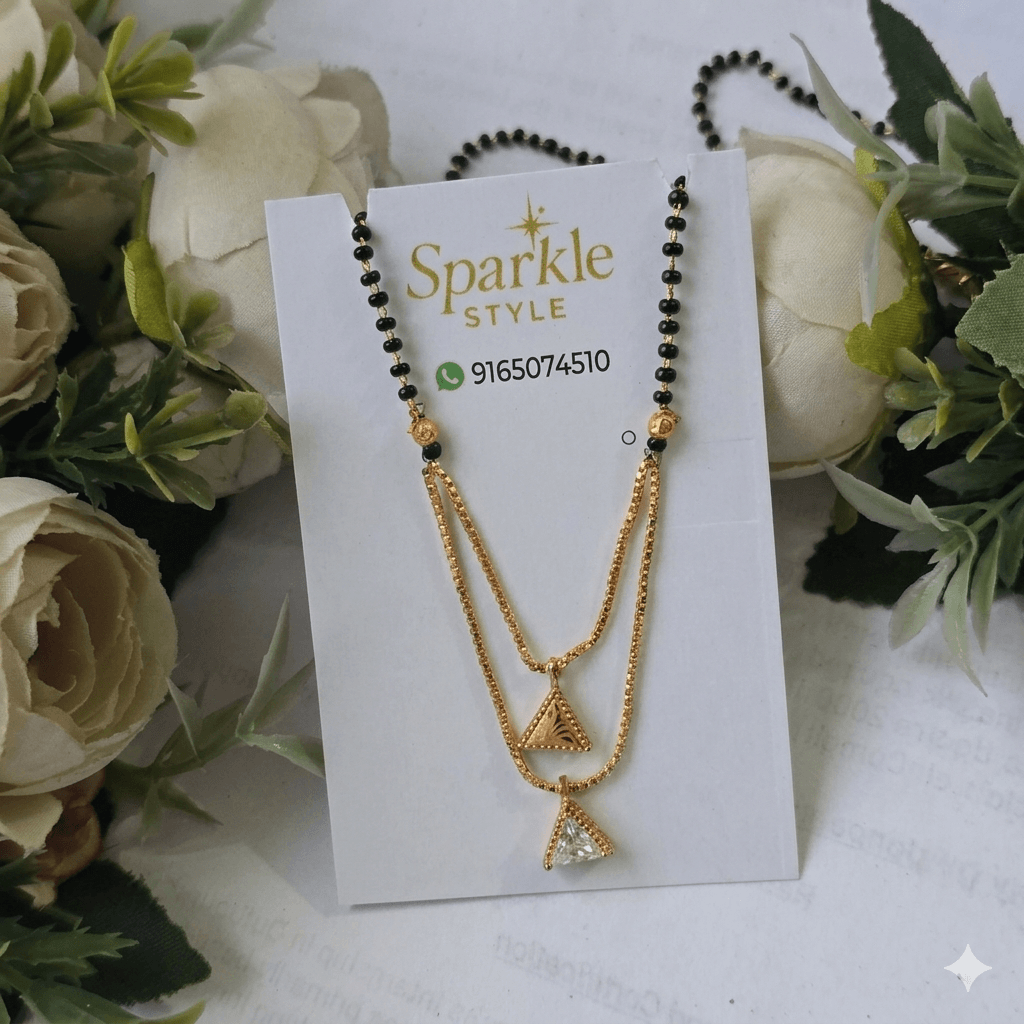 Black Beaded Layered Mangalsutra Necklace with Triangle Pendant | Gold Finish Elegant Daily Wear Mangalsutra