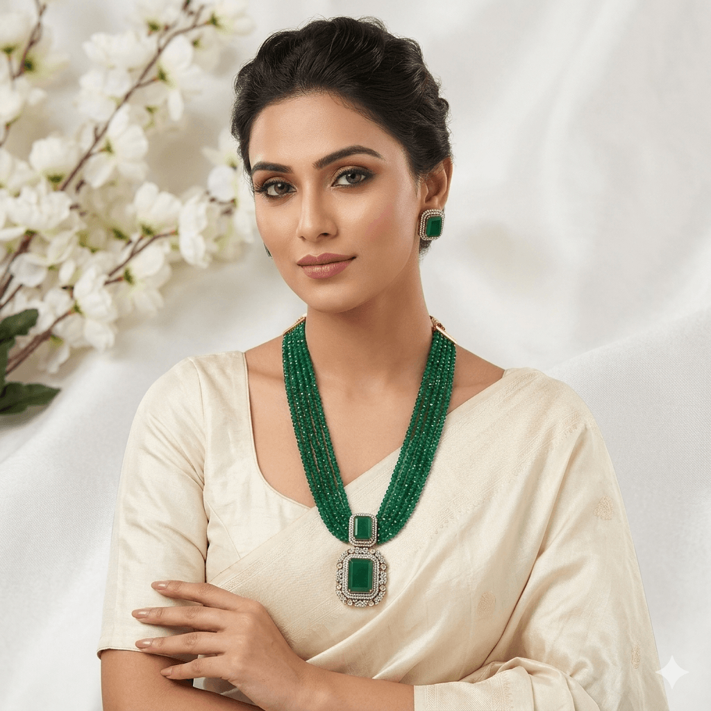 Nita Ambani Inspired Emerald Green Onyx Beads Multi-Layer Necklace Set with Statement Pendant & Stud Earrings | Luxury Party Jewellery