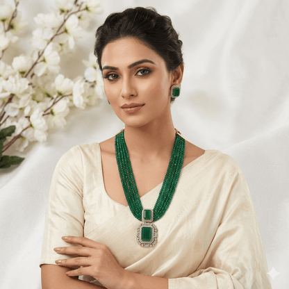 Nita Ambani Inspired Emerald Green Onyx Beads Multi-Layer Necklace Set with Statement Pendant & Stud Earrings | Luxury Party Jewellery