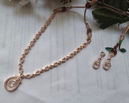 Elegant Pendant Necklace Set with Matching Earrings | Rose Gold Finish Stone Studded Party Wear Jewelry Set for Women