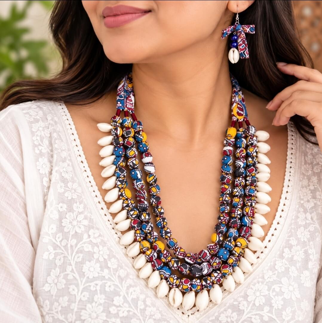 Handmade Multicolor Tribal Shell Necklace Set with Earrings