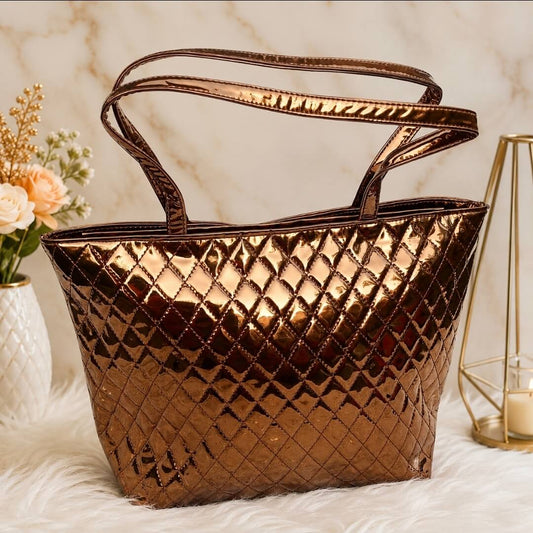 Metallic Quilted Tote Bag for Women | Women's Glossy Shoulder Handbag