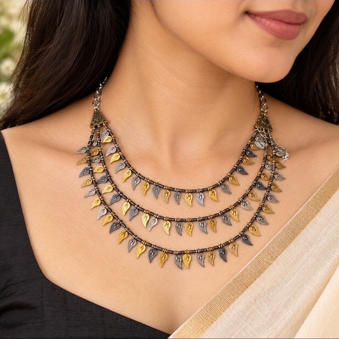 Triple Layer Leaf Charm Oxidised Necklace | Boho Statement Jewellery