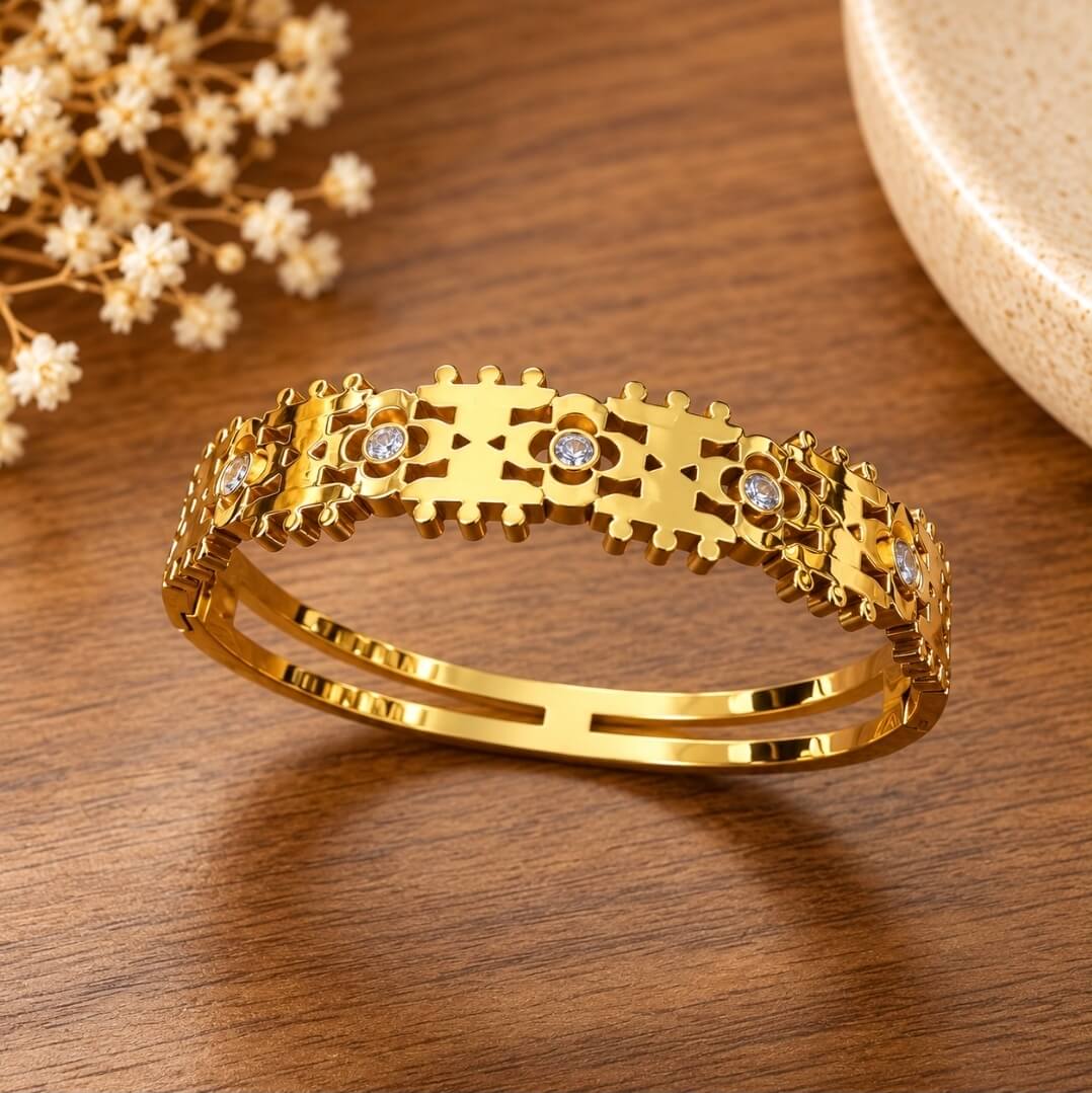 Anti-Tarnish Gold-Tone Stone Studded Openable Bracelet for Women