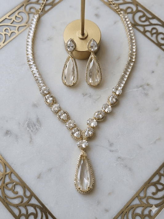Luxury American Diamond Teardrop Necklace Set with Earrings | Party Wear Jewelry