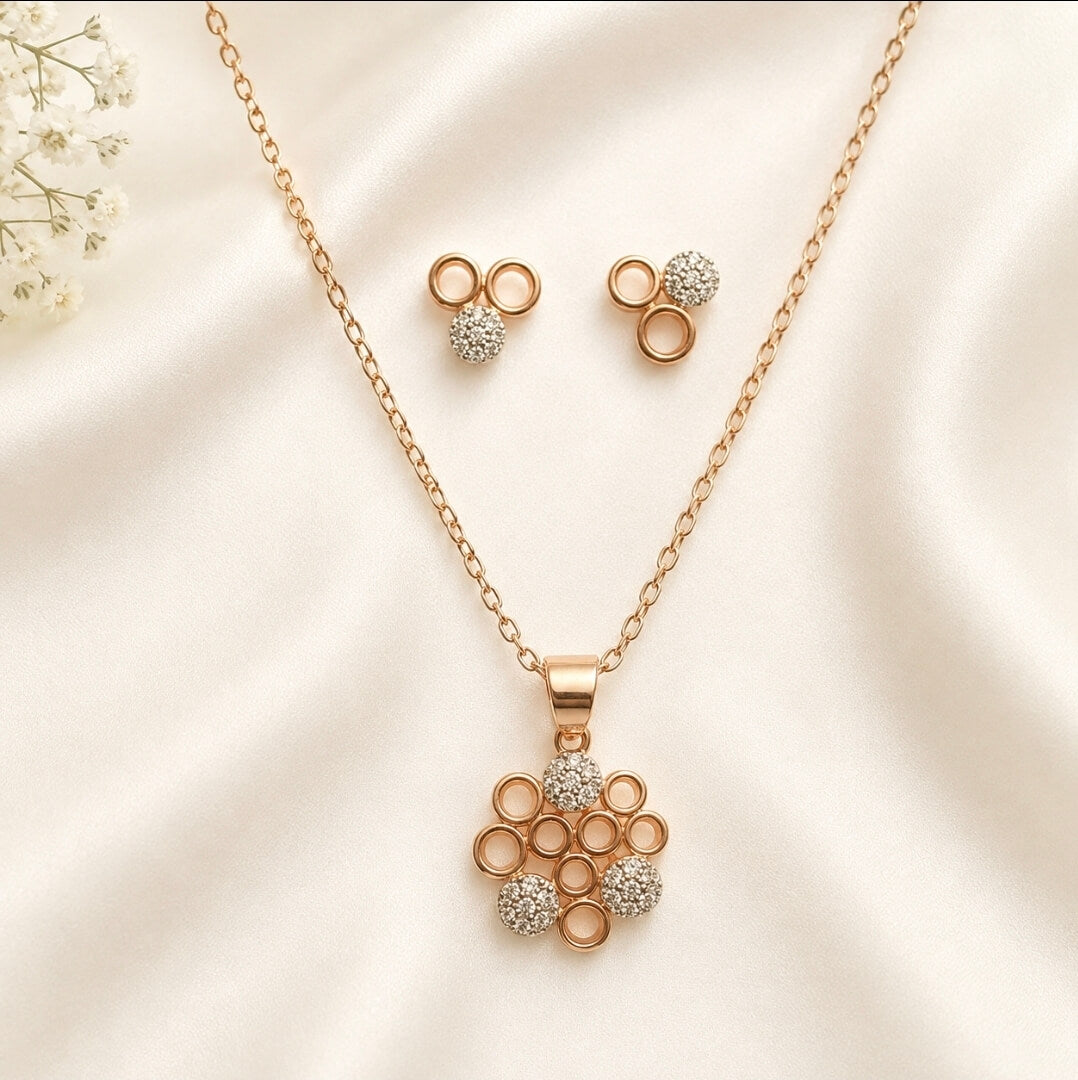 Rose Gold Floral CZ Pendant Necklace Set | Sparkle Style
