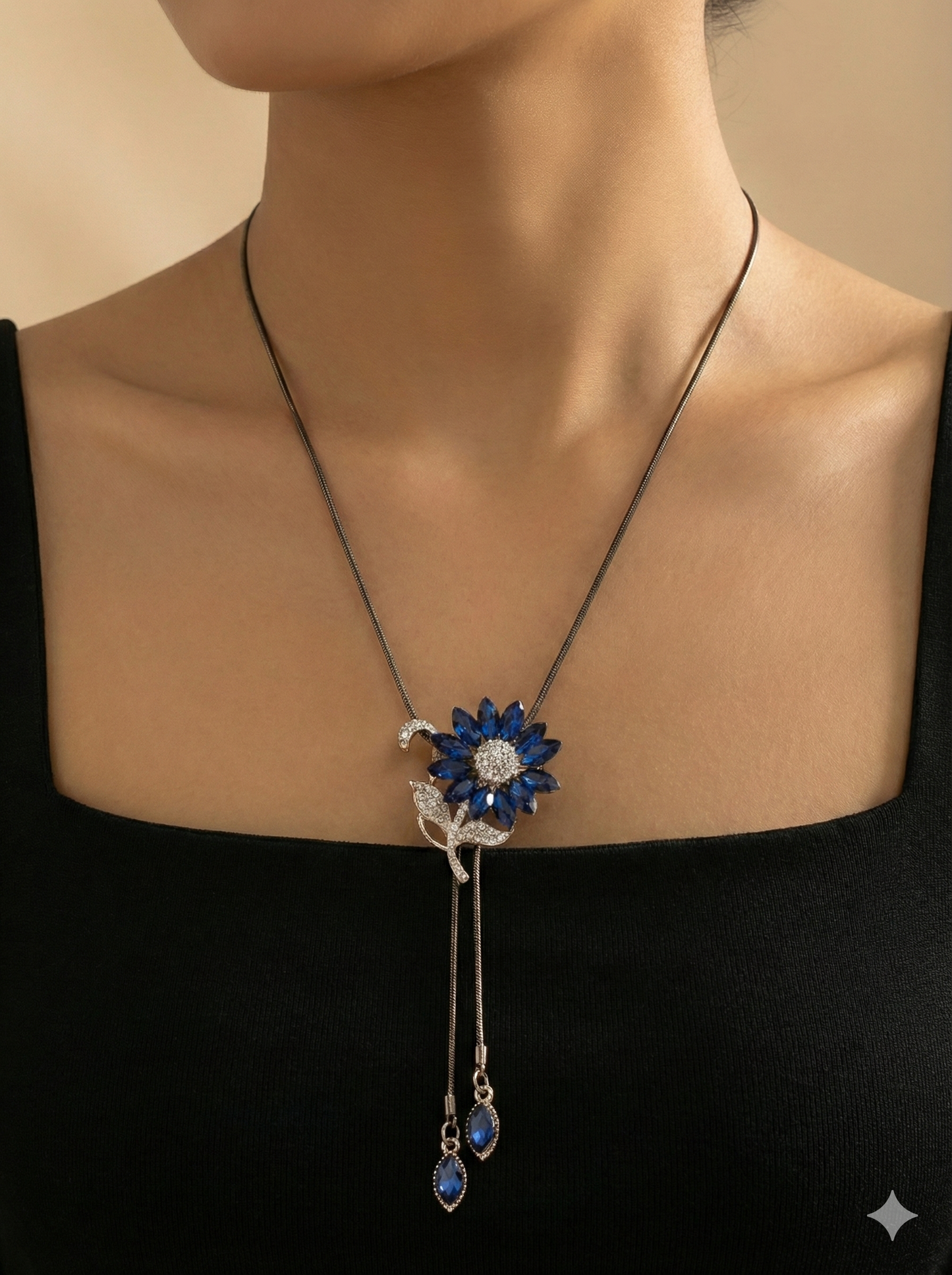 Blue Sunflower Pendant with long Black Chain