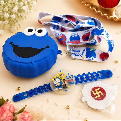 Cookie Monster Silicone Sling Bag with Cartoon Light Rakhi Combo for Kids | Cute Gift Set with Roli Chawal