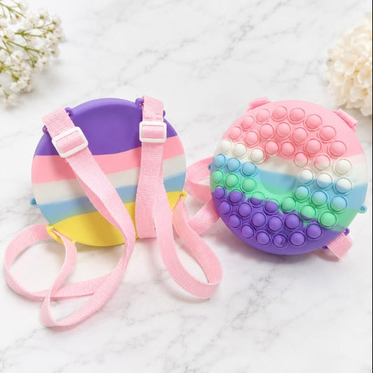 Kids Pop It Backpack for Girls | Round Silicone Fidget School Bag | Pastel Rainbow Mini Backpack